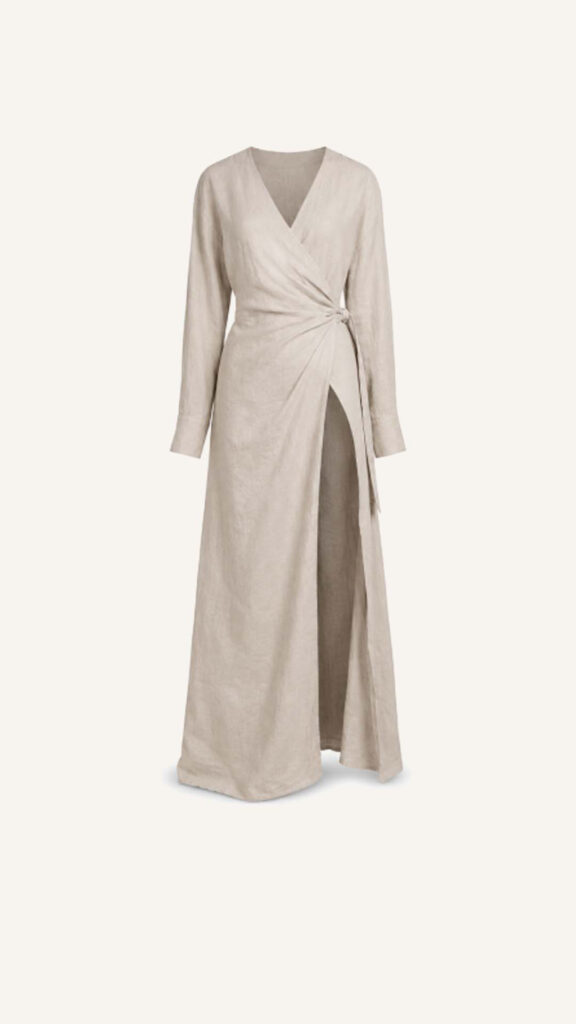 Linen Wrap Long-Sleeve Maxi Dress