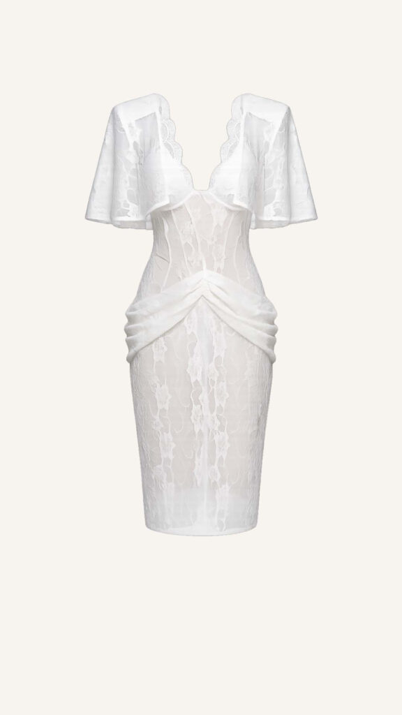 Ruched Lace Midi Dress with Ruffle Sleeves