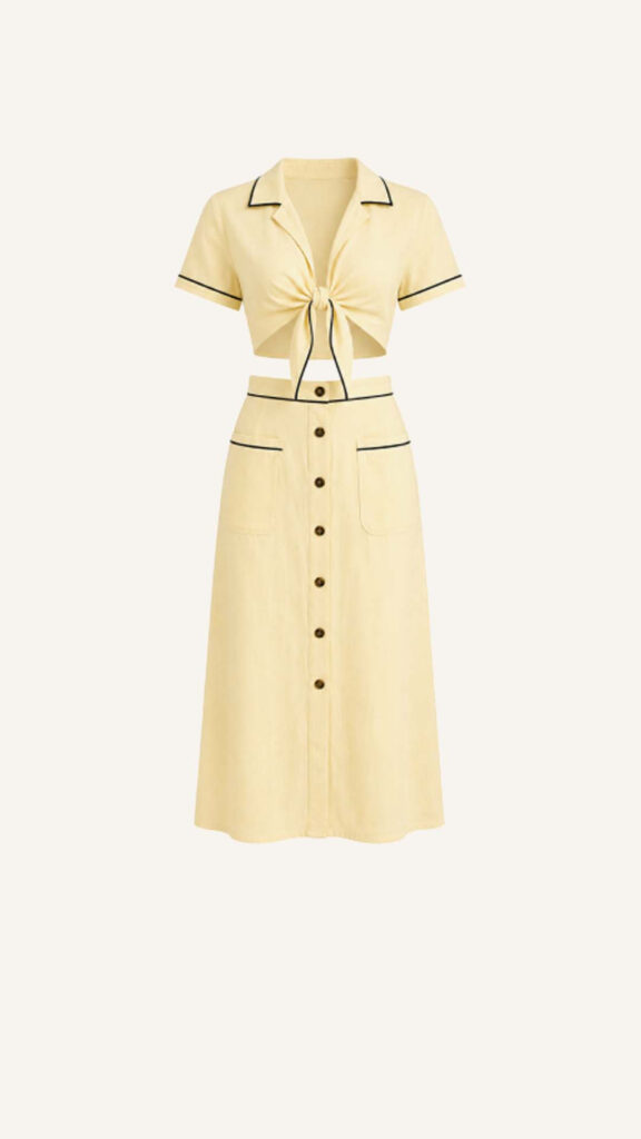 Tie-Front Shirt and Button Midi Skirt Set