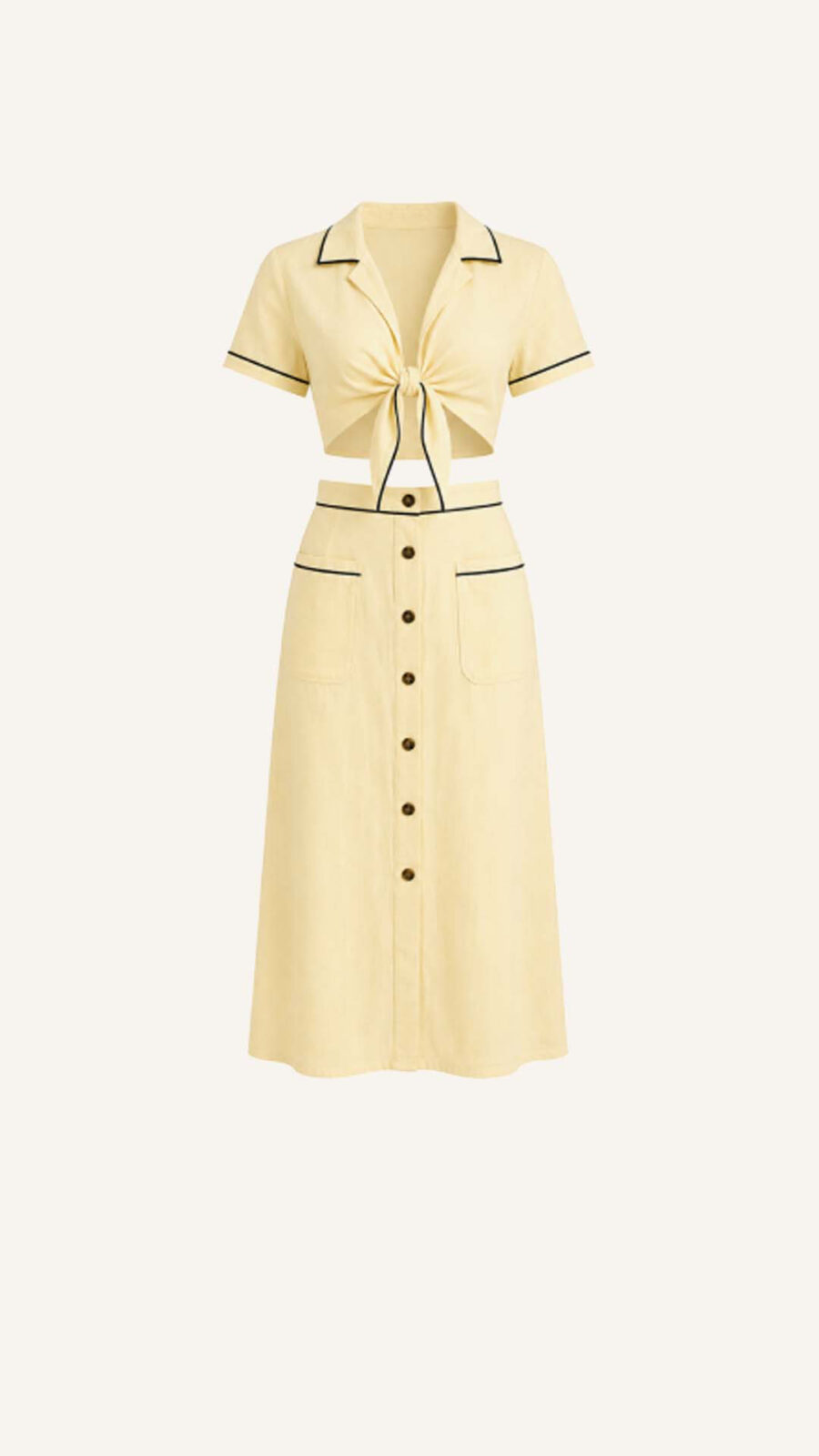 Tie-Front Shirt and Button Midi Skirt Set