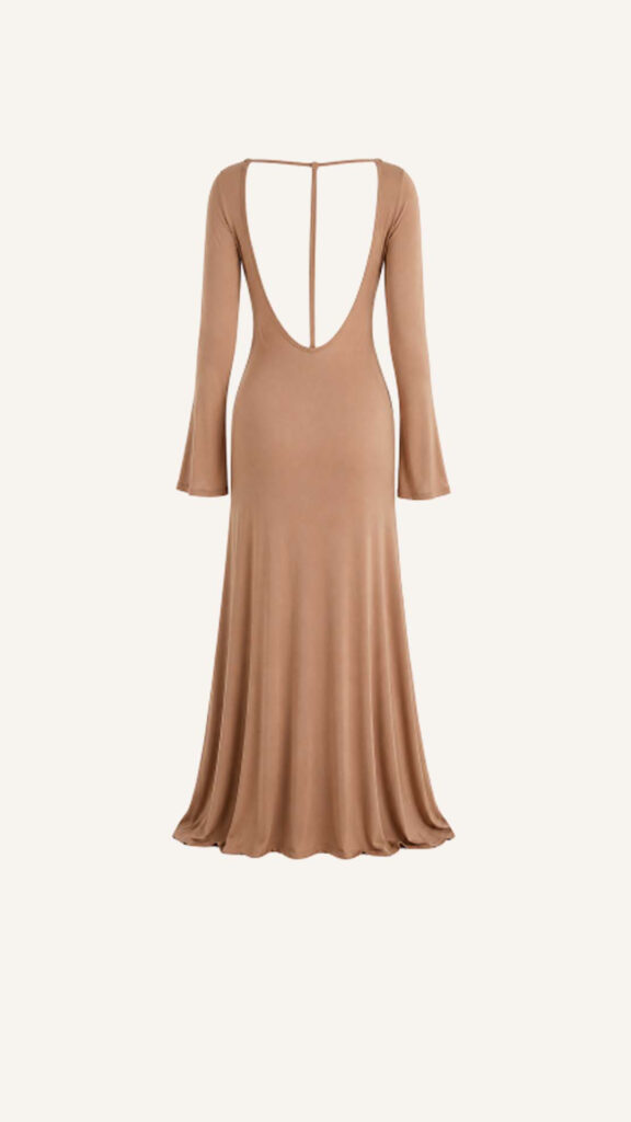 Deep Scoop-Back Long-Sleeve Maxi Dress