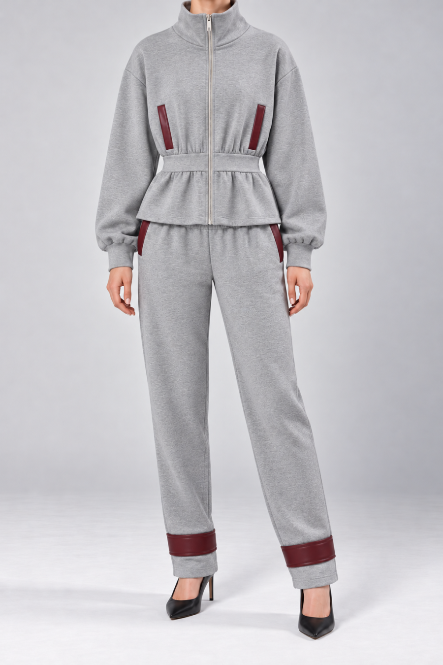 Leather-Trim Zip-Up Top and Joggers Set
